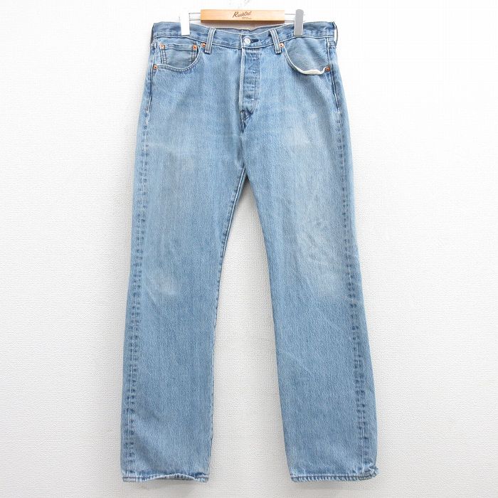 W34★古着 ジーンズ Levis リーバイス 501 メンズ ヒゲ コットン 紺 ネイビー デニム 25feb05 中古 ボトムス ジーパン Gパン ロング パンツ