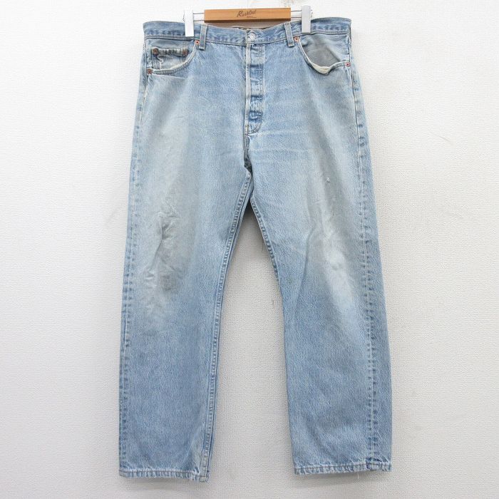 W39★古着 ジーンズ Levis リーバイス 501 メンズ 90年代 90s ヒゲ コットン USA製 薄紺 ネイビー デニム 25feb15 中古 ボトムス ジーパン Gパン ロング パンツ