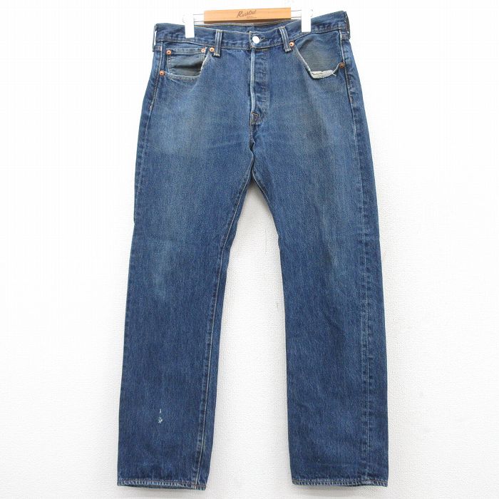 W35★古着 ジーンズ Levis リーバイス 501 メンズ コットン 濃紺 ネイビー デニム 25feb15 中古 ボトムス ジーパン Gパン ロング パンツ
