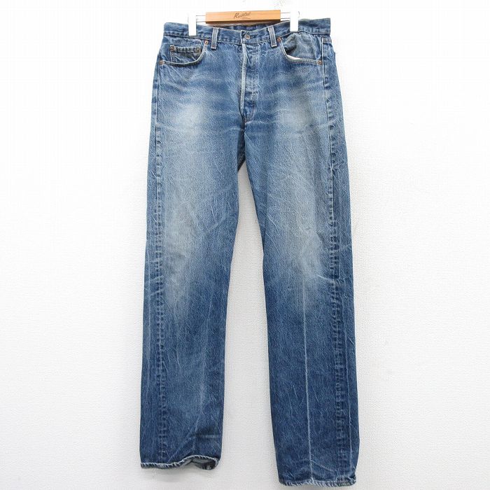 W36★古着 ジーンズ Levis リーバイス 501 メンズ 90年代 90s ヒゲ コットン USA製 紺 ネイビー デニム 【spe】 25feb15 中古 ボトムス ジーパン Gパン ロング パンツ