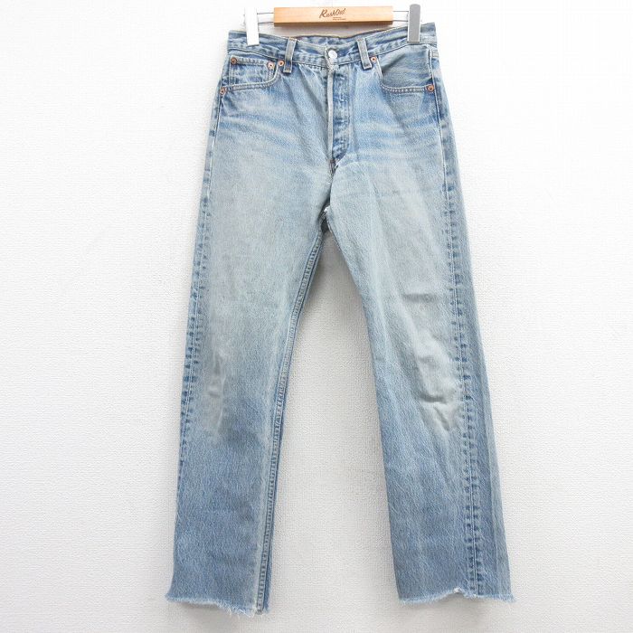 W29★古着 ジーンズ Levis リーバイス 501 メンズ 90年代 90s ヒゲ コットン USA製 薄紺 ネイビー デニム 25feb25 中古 ボトムス ジーパン Gパン ロング パンツ