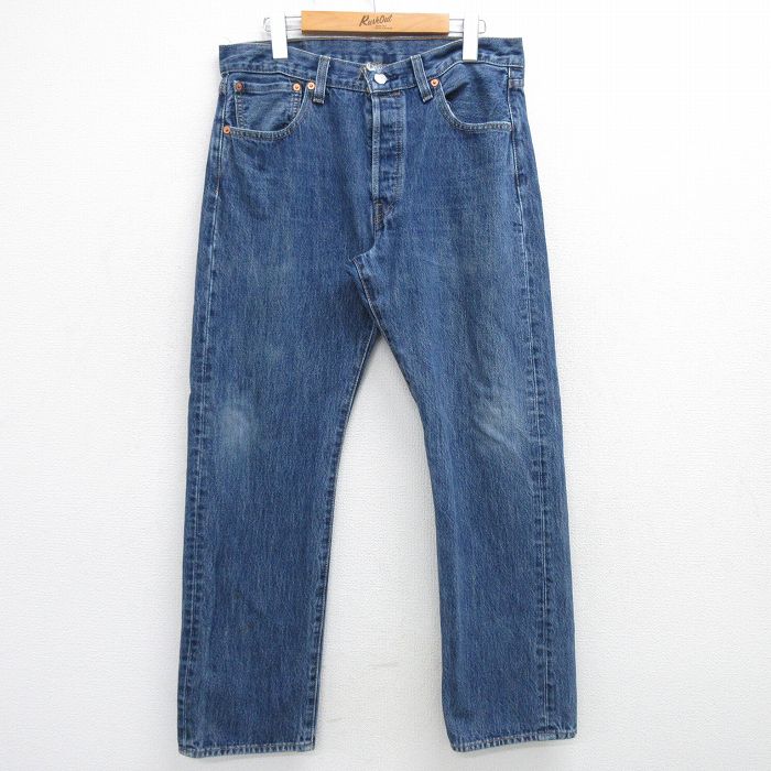 W32★古着 ジーンズ Levis リーバイス 501 メンズ ヒゲ コットン 紺 ネイビー デニム 25mar08 中古 ボトムス ジーパン Gパン ロング パンツ
