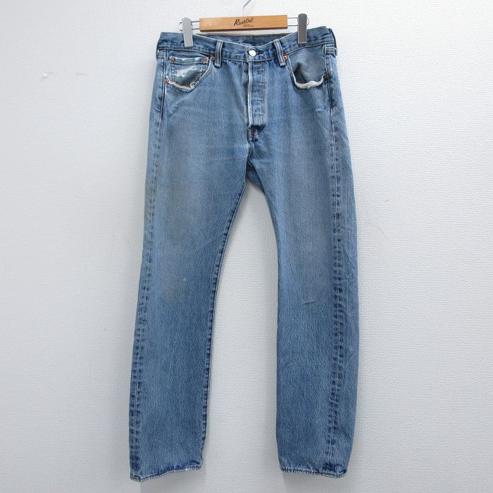 W32★古着 ジーンズ Levis リーバイス 501 メンズ コットン 薄紺 ネイビー デニム 25mar12 中古 ボトムス ジーパン Gパン ロング パンツ