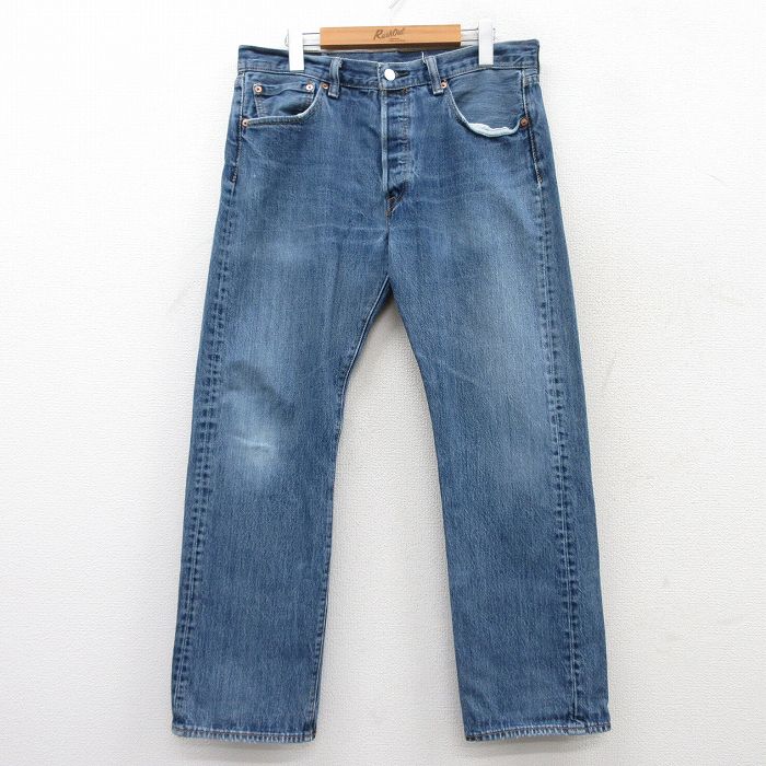 W33★古着 ジーンズ Levis リーバイス 501 メンズ ヒゲ コットン 紺 ネイビー デニム 25mar22 中古 ボトムス ジーパン Gパン ロング パンツ