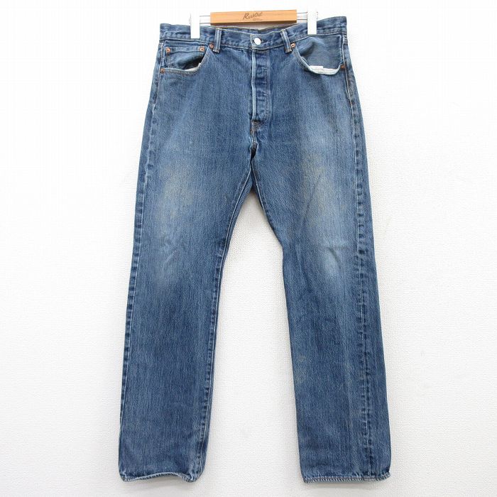 W34★古着 ジーンズ Levis リーバイス 501 メンズ コットン 紺 ネイビー デニム 25mar22 中古 ボトムス ジーパン Gパン ロング パンツ