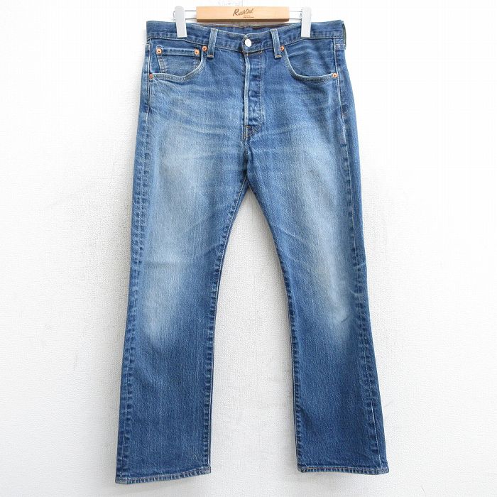 W34★古着 ジーンズ Levis リーバイス 501 メンズ ヒゲ 紺 ネイビー デニム 【spe】 25mar24 中古 ボトムス ジーパン Gパン ロング パンツ