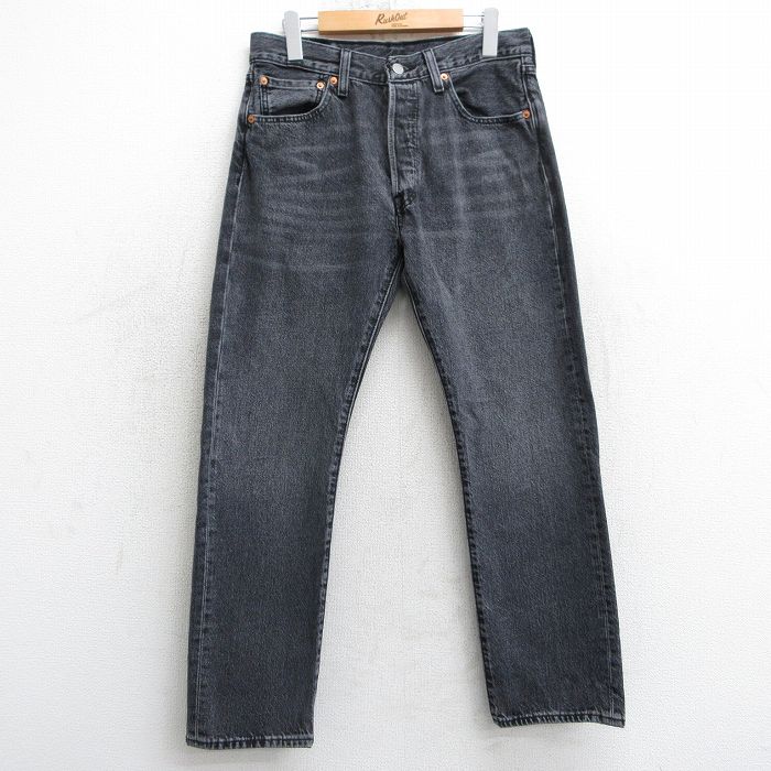 W32★古着 ジーンズ Levis リーバイス 501 メンズ ヒゲ コットン 黒 ブラック デニム 25mar24 中古 ボトムス ジーパン Gパン ロング パンツ