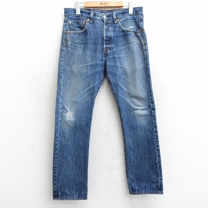 W31★古着 ジーンズ Levis リーバイス 501 メンズ ヒゲ コットン 紺 ネイビー デニム 【spe】 25mar24 中古 ボトムス ジーパン Gパン ロング パンツ