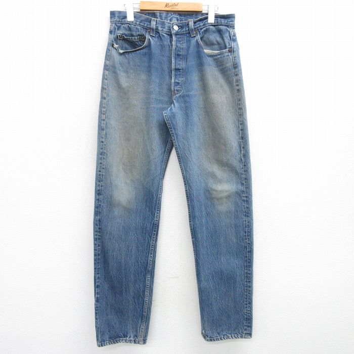 W34★古着 ジーンズ Levis リーバイス 501 メンズ 90年代 90s ヒゲ コットン USA製 紺 ネイビー デニム 25mar25 中古 ボトムス ジーパン Gパン ロング パンツ