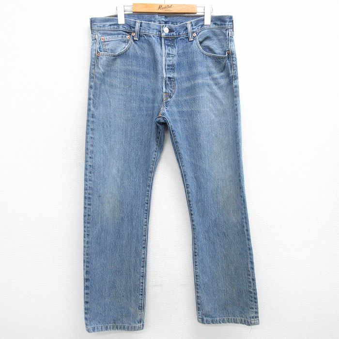 W35★古着 ジーンズ Levis リーバイス 501 メンズ ヒゲ コットン 紺 ネイビー デニム 25mar25 中古 ボトムス ジーパン Gパン ロング パンツ