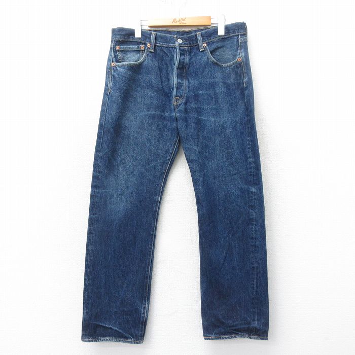 W34★古着 ジーンズ Levis リーバイス 501 メンズ ヒゲ コットン 紺 ネイビー デニム 25apr12 中古 ボトムス ジーパン Gパン ロング パンツ