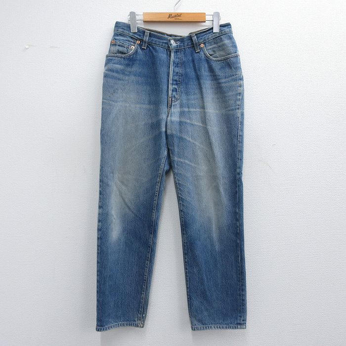 W32★古着 ジーンズ Levis リーバイス 501 メンズ ヒゲ 紺 ネイビー デニム 【spe】 25may17 中古 ボトムス ジーパン Gパン ロング パンツ