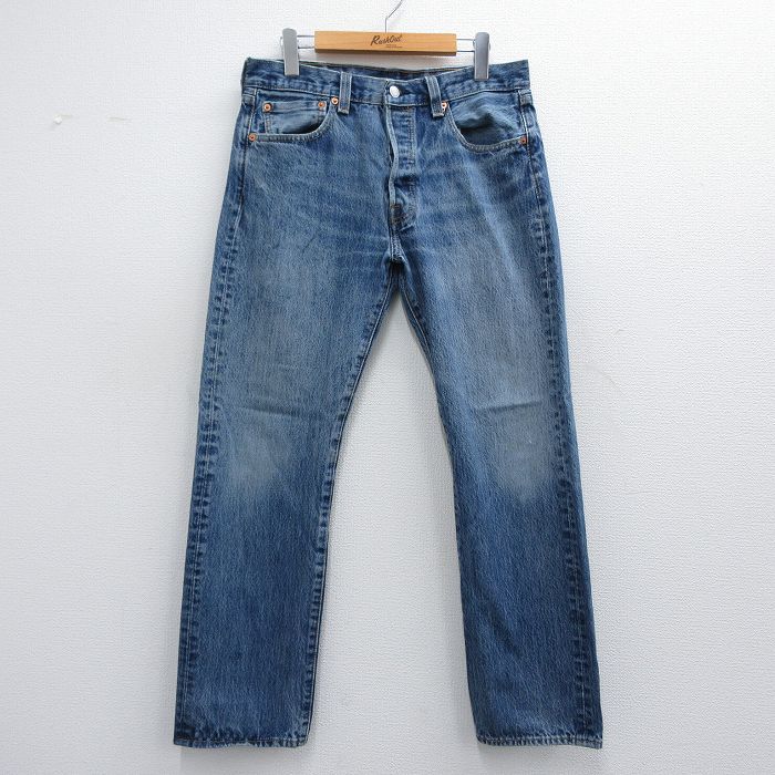 W32★古着 ジーンズ Levis リーバイス 501 メンズ ヒゲ コットン 紺 ネイビー デニム 25may17 中古 ボトムス ジーパン Gパン ロング パンツ