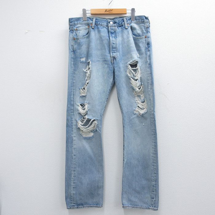 W36★古着 ジーンズ Levis リーバイス 501 メンズ ヒゲ コットン 薄紺 ネイビー デニム 25may17 中古 ボトムス ジーパン Gパン ロング パンツ