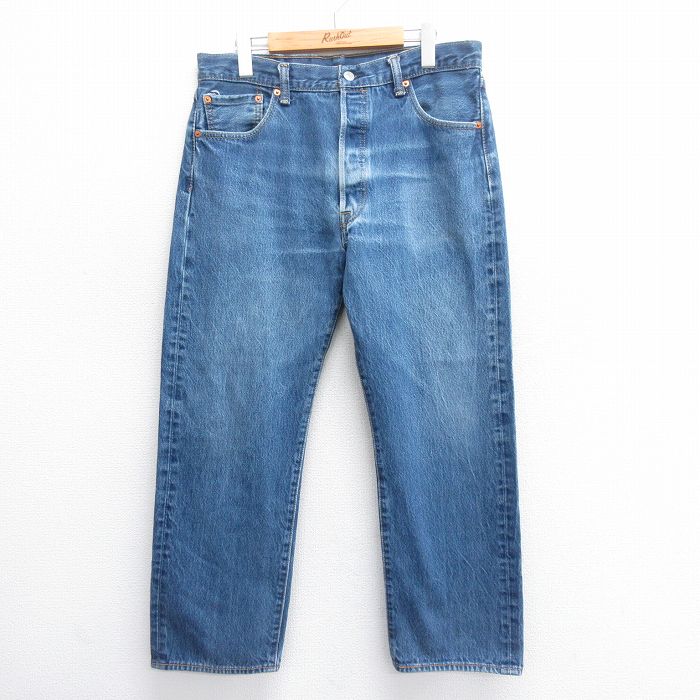 W34★古着 ジーンズ Levis リーバイス 501 メンズ ヒゲ コットン 紺 ネイビー デニム 25jun17 中古 ボトムス ジーパン Gパン ロング パンツ