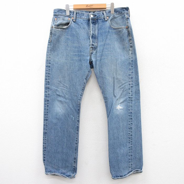 W37★古着 ジーンズ Levis リーバイス 501 メンズ ヒゲ 紺 ネイビー デニム 25jun18 中古 ボトムス ジーパン Gパン ロング パンツ