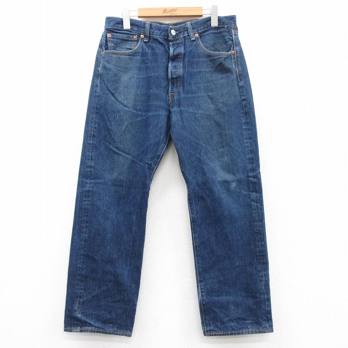W34★古着 ジーンズ Levis リーバイス 501 メンズ ヒゲ コットン 紺 ネイビー デニム 【spe】 25jun18 中古 ボトムス ジーパン Gパン ロング パンツ