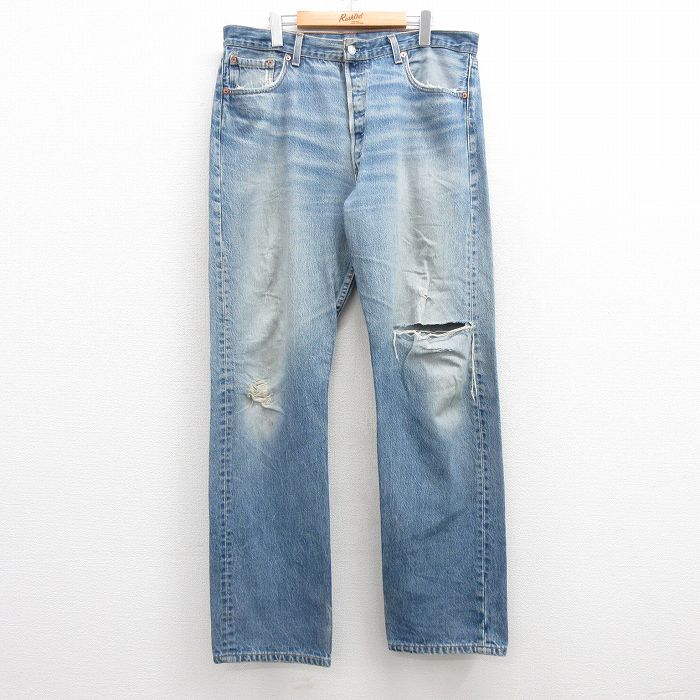 W37★古着 ジーンズ Levis リーバイス 501 メンズ 90年代 90s ヒゲ コットン USA製 紺 ネイビー デニム 【spe】 25jul17 中古 ボトムス ジーパン Gパン ロング パンツ