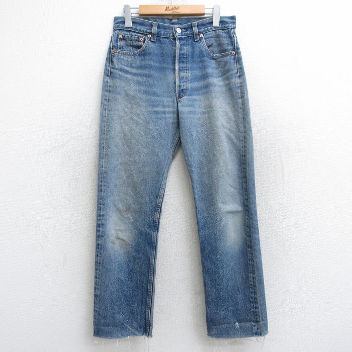 W31★古着 ジーンズ Levis リーバイス 501 メンズ 90年代 90s ヒゲ コットン USA製 紺 ネイビー デニム 【spe】 25aug07 中古 ボトムス ジーパン Gパン ロング パンツ