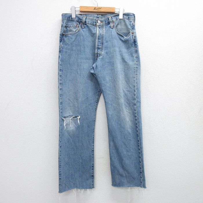 W34★古着 ジーンズ Levis リーバイス 501 メンズ ヒゲ コットン 紺 ネイビー デニム 25aug08 中古 ボトムス ジーパン Gパン ロング パンツ
