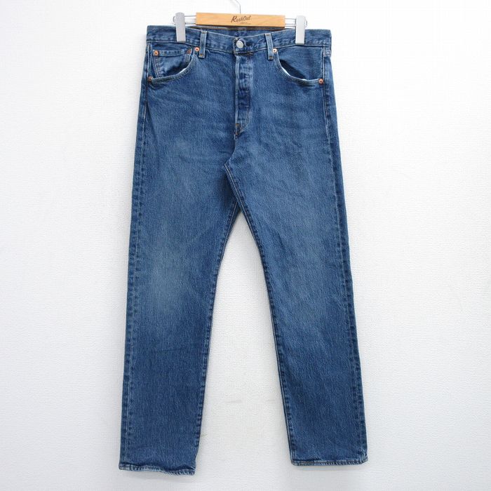 W32★古着 ジーンズ Levis リーバイス 501 メンズ ヒゲ 紺 ネイビー デニム 25aug08 中古 ボトムス ジーパン Gパン ロング パンツ