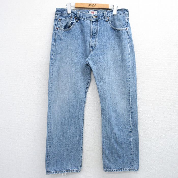 W36★古着 ジーンズ Levis リーバイス 501 メンズ ヒゲ コットン 薄紺 ネイビー デニム 25aug08 中古 ボトムス ジーパン Gパン ロング パンツ