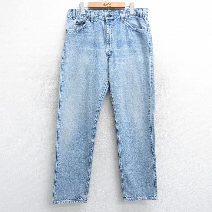 W34★古着 ジーンズ Levis リーバイス 505 メンズ 90年代 90s ヒゲ コットン USA製 薄紺 ネイビー デニム 25feb21 中古 ボトムス ジーパン Gパン ロング パンツ