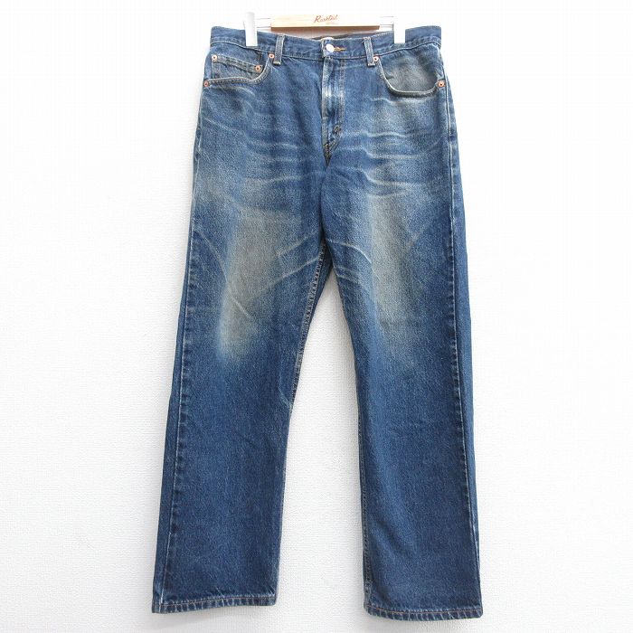 W34★古着 ジーンズ Levis リーバイス 505 メンズ ヒゲ コットン 紺 ネイビー デニム 【spe】 25apr30 中古 ボトムス ジーパン Gパン ロング パンツ