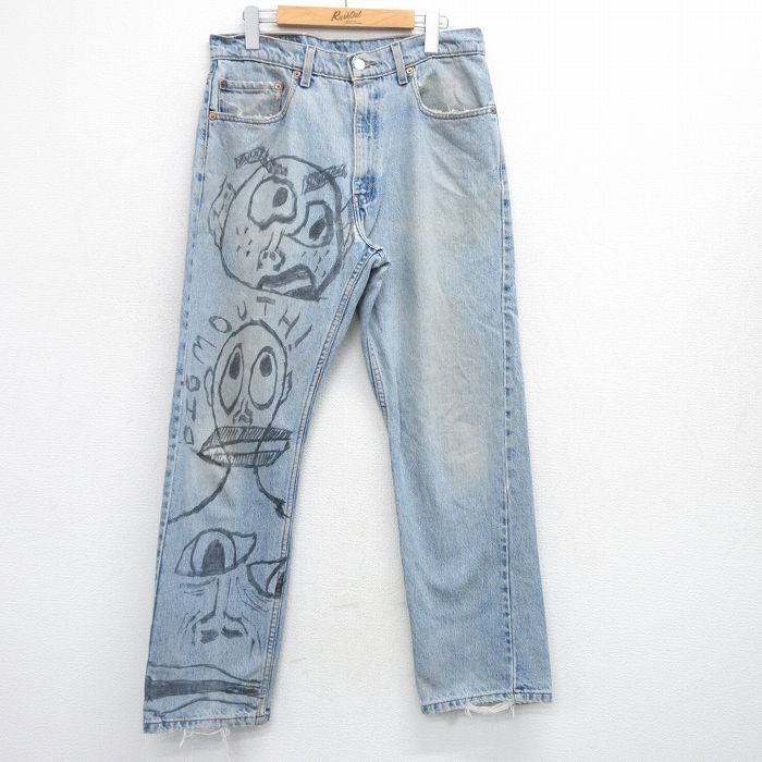W33★古着 ジーンズ リーバイス Levis 505 メンズ 00年代 00s 顔 ハンドペイント コットン 薄紺 ネイビー デニム 【spe】 25sep19 中古 ボトムス ジーパン Gパン ロング パンツ