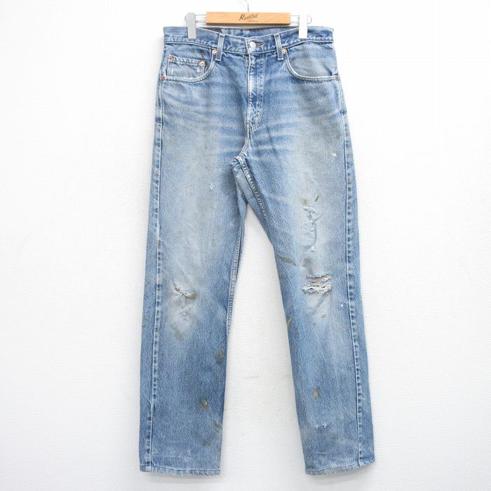 【20%OFF】W33★古着 ジーンズ リーバイス Levis 505 メンズ ヒゲ コットン 紺 ネイビー デニム 25oct30 中古 ボトムス ジーパン Gパン ロング パンツ