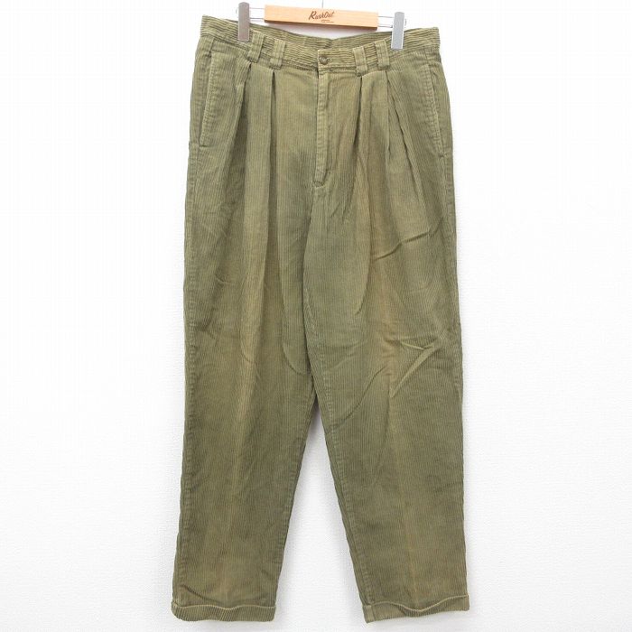 【50%OFF】W36★古着 コーデュロイ パンツ メンズ 90年代 90s 太畝 コットン 緑系 グリーン 25jan30 中古 ボトムス ロング