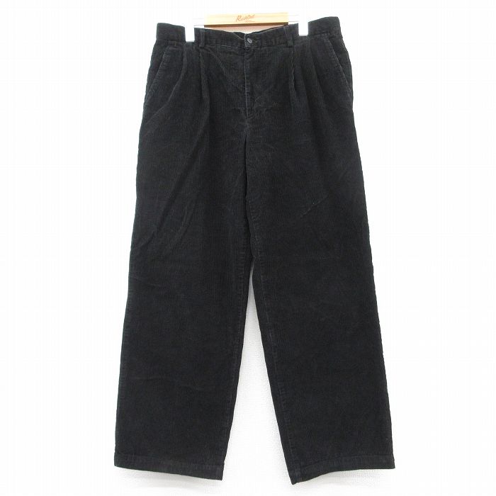 W34★古着 コーデュロイ パンツ メンズ 太畝 コットン 黒 ブラック 25feb22 中古 ボトムス ロング