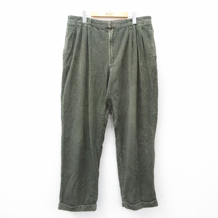 W38★古着 コーデュロイ パンツ メンズ 太畝 コットン 濃緑 グリーン 25sep18 中古 ボトムス ロング