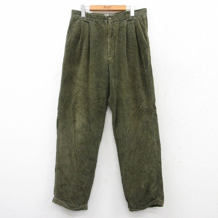 W34★古着 コーデュロイ パンツ メンズ 太畝 コットン 緑系 グリーン 25sep18 中古 ボトムス ロング