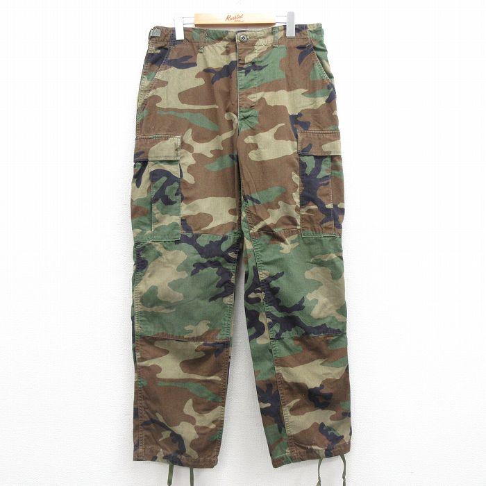 W34★古着 ミリタリー カーゴ パンツ メンズ 90年代 90s コンバット ウッドランドカモ USA製 緑 グリーン 迷彩 25feb03 中古 ボトムス ロング