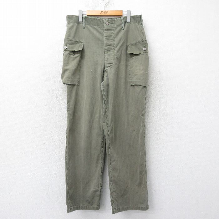 W36★古着 ビンテージ ミリタリー カーゴ パンツ メンズ 40年代 40s ヘリンボーン 緑系 グリーン 【spe】 25apr01 中古 ボトムス ロング