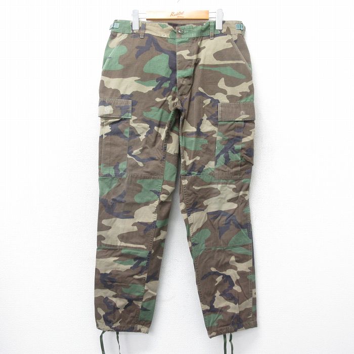 W33★古着 ミリタリー カーゴ パンツ メンズ 90年代 90s コンバット リップストップ ウッドランドカモ USA製 緑 グリーン 迷彩 25apr19 中古 ボトムス ロング