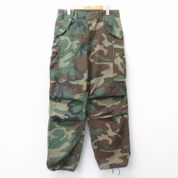 W35★古着 ミリタリー カーゴ パンツ メンズ 80年代 80s M-65 ウッドランドカモ USA製 タロン 茶 ブラウン 迷彩 【spe】 25apr19 中古 ボトムス ロング