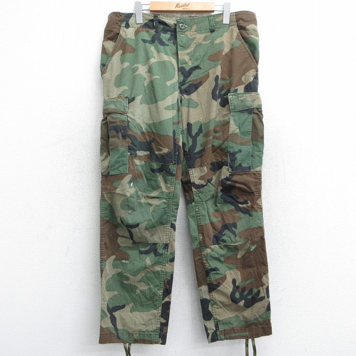W37★古着 ミリタリー カーゴ パンツ メンズ ウッドランドカモ 濃緑他 グリーン 迷彩 25may09 中古 ボトムス ロング