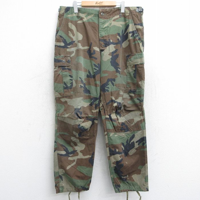 W38★古着 ミリタリー カーゴ パンツ メンズ ウッドランドカモ USA製 濃い緑他 グリーン 迷彩 25may09 中古 ボトムス ロング