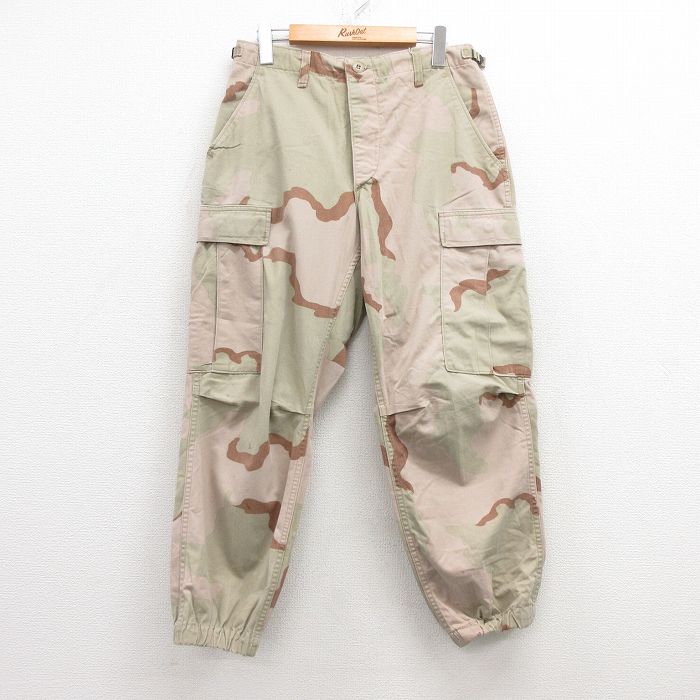 W31★古着 ミリタリー カーゴ パンツ メンズ 90年代 90s コンバット デザートカモ USA製 薄ベージュ他 カーキ 迷彩 25jul16 中古 ボトムス ロング