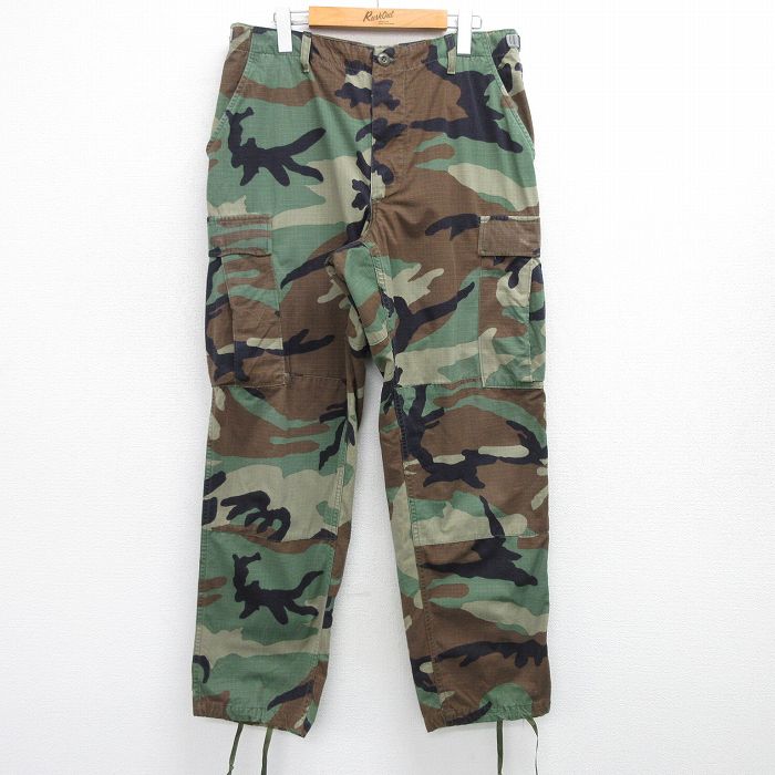 W34★古着 ミリタリー カーゴ パンツ メンズ 90年代 90s コンバット ウッドランドカモ リップストップ USA製 緑他 グリーン 迷彩 25sep29 中古 ボトムス ロング