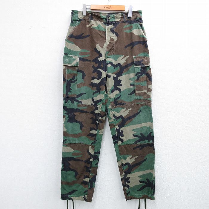 W33★古着 ミリタリー カーゴ パンツ メンズ 90年代 90s コンバット ウッドランドカモ リップストップ コットン USA製 濃緑 グリーン 迷彩 25oct07 中古 ボトムス ロング