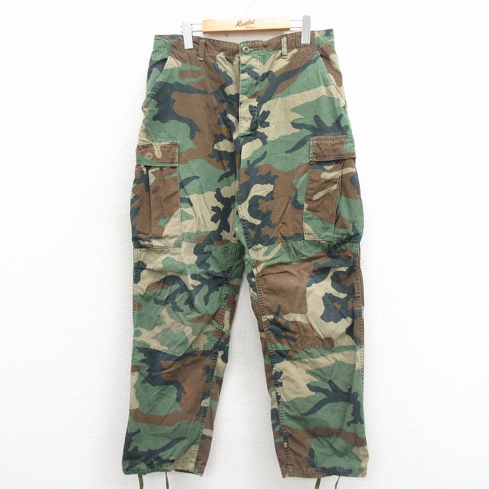 W33★古着 ミリタリー カーゴ パンツ メンズ 80年代 80s コンバット リップストップ ウッドランドカモ コットン USA製 緑 迷彩 25nov26