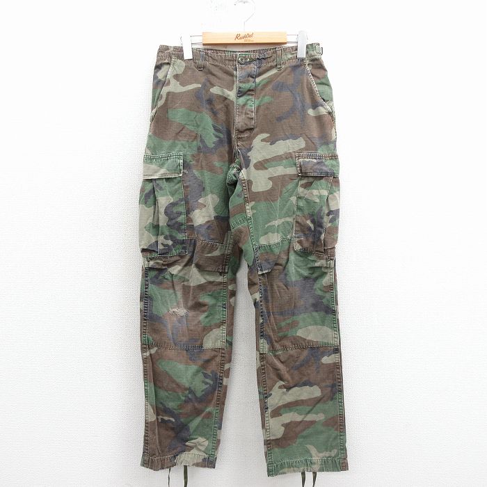 W31★古着 ミリタリー カーゴ パンツ メンズ 80年代 80s コンバット リップストップ ウッドランドカモ USA製 緑 迷彩 25nov26