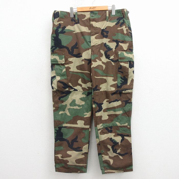 W38★古着 ミリタリー カーゴ パンツ メンズ ウッドランドカモ 緑他 迷彩 26mar30