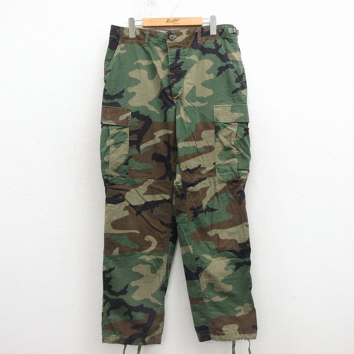 W32★古着 ミリタリー カーゴ パンツ メンズ 90年代 90s コンバット ウッドランドカモ USA製 緑他 迷彩 26apr09