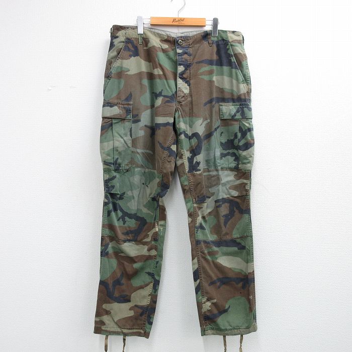 W38★古着 ミリタリー カーゴ パンツ メンズ ウッドランドカモ 緑他 迷彩 26apr21