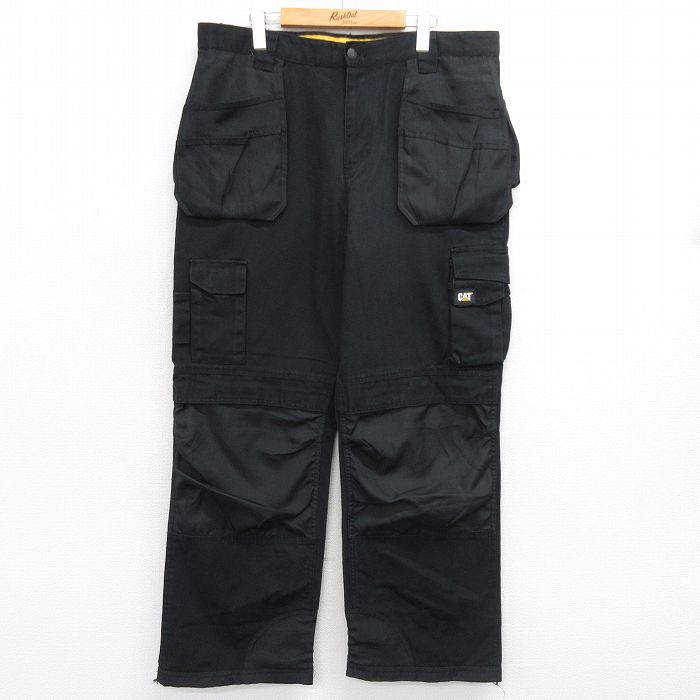 W38★古着 ワーク カーゴ パンツ メンズ CAT ダブルニー ダック地 黒 ブラック 24jun20 中古 ボトムス ロング
