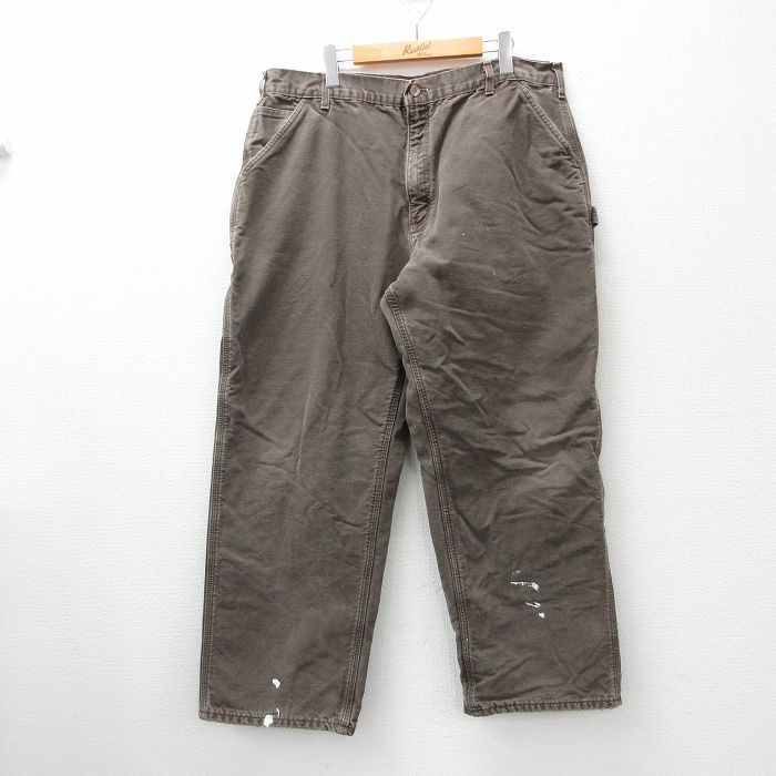 W38★古着 カーハート Carhartt ペインター パンツ メンズ 90年代 90s ダック地 コットン USA製 濃茶 ブラウン 内側フランネル 【spe】 24oct11 中古 ボトムス ロング